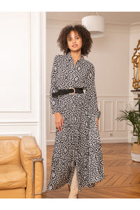 Loose-Fitting Printed Shirt-Style Long Dress with Ruffles